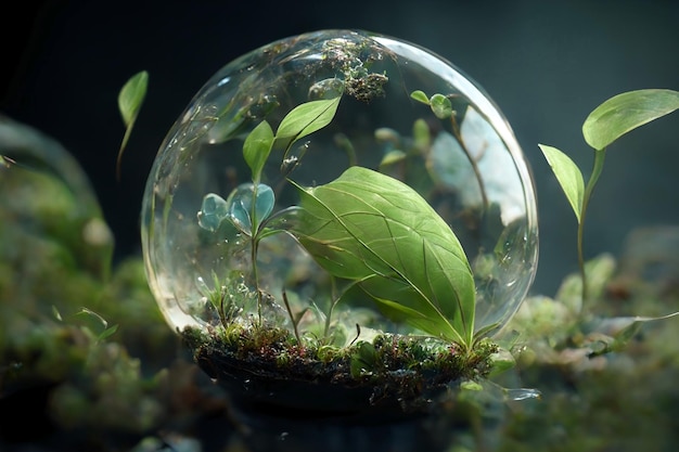 Glass bowl with plants insideConcept of green energy saving renewable and recycling Generative AI