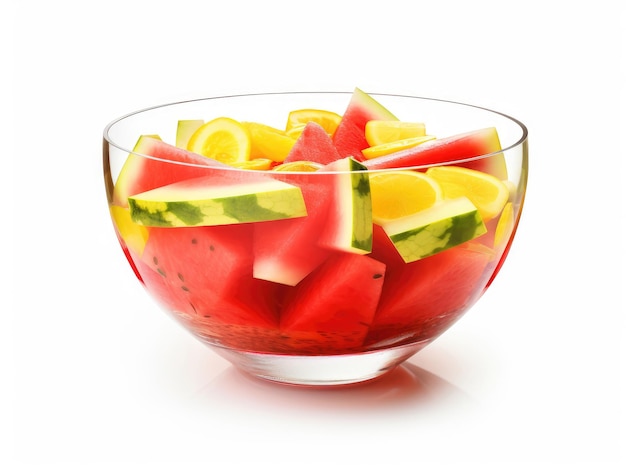 Glass bowl with red and yellow watermelon slices on a white background