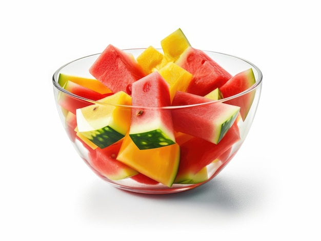 Glass bowl with red and yellow watermelon slices on a white background