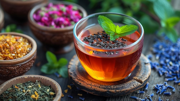 Photo a glass bowl with a sprig of mint and a leaf