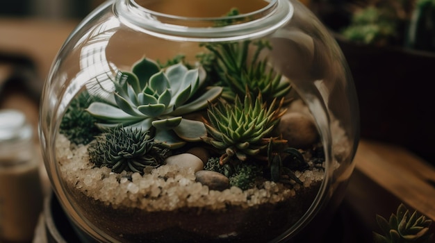 A glass bowl with a succulent plant in it