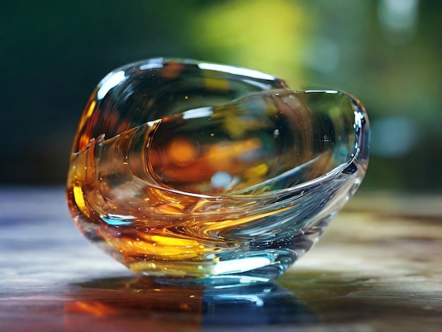 a glass bowl with a yellow and orange reflection