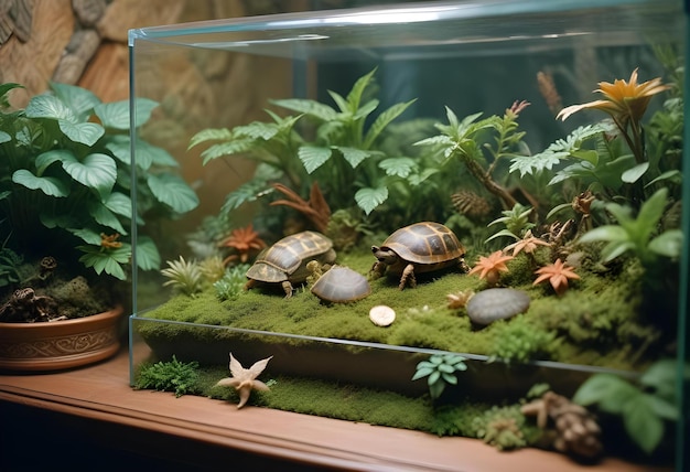 Photo a glass box with turtles and plants in it