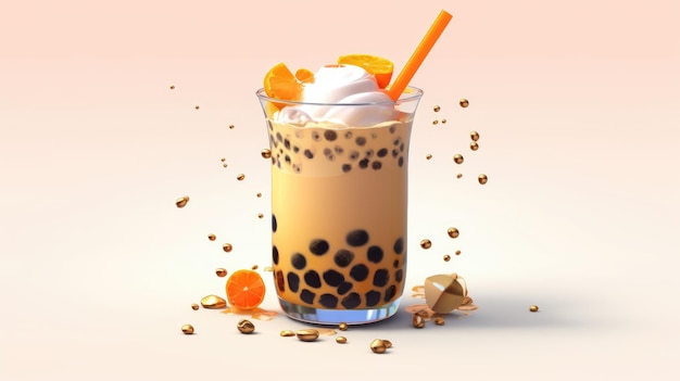 A glass of bubble tea with a orange background and a few pieces of nuts on the top.