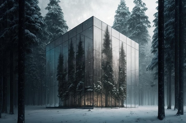 Glass building in the middle of a snowcovered forest