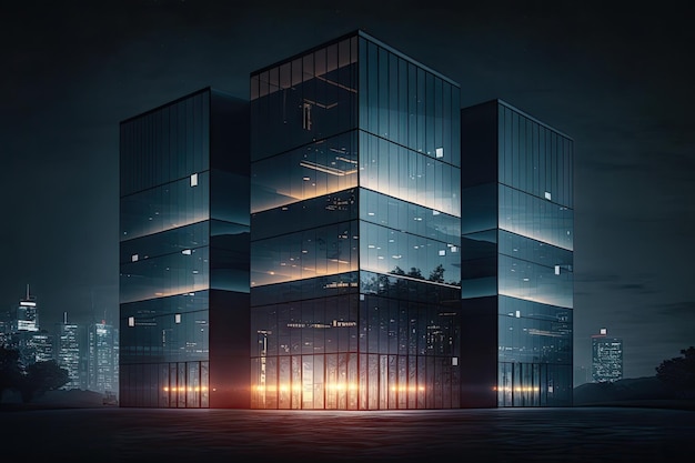 Glass building at night with twinkling city lights in the background