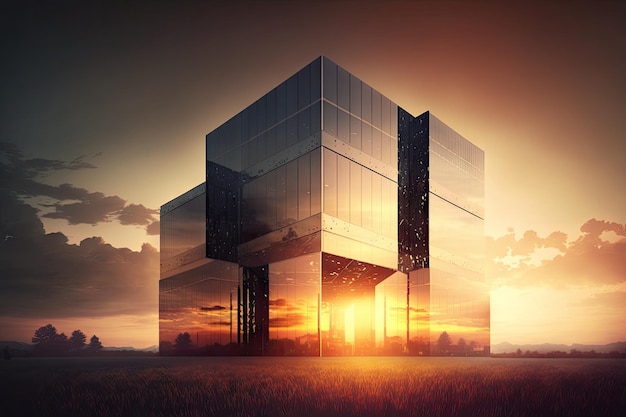 Glass building at sunset with the sun peeking over the horizon