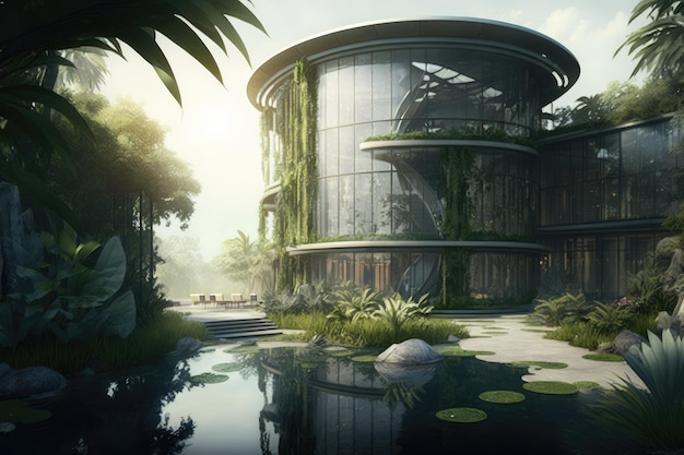 Glass building surrounded by lush gardens with water feature and greenery