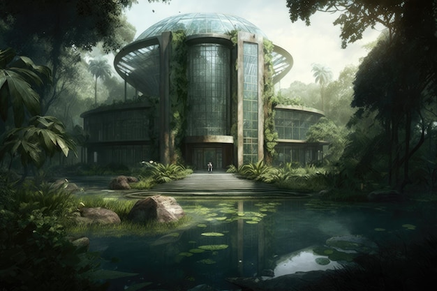 Glass building surrounded by lush gardens with water feature and greenery