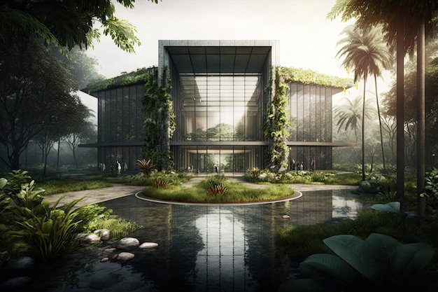 Glass building surrounded by lush gardens with water feature and greenery