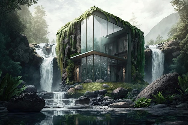 Glass building surrounded by lush greenery with a waterfall in the background