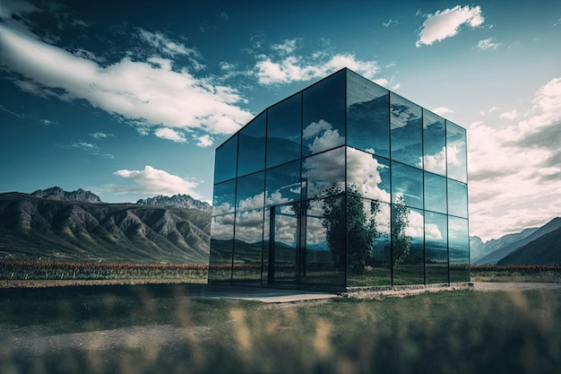 Glass building surrounded by natural beauty with mountains and blue sky in the background