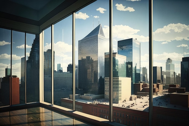 Glass building with view of bustling cityscape and skylines