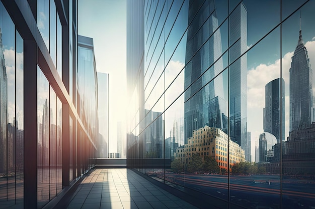 Glass building with view of busy cityscape including bustling streets and tall buildings