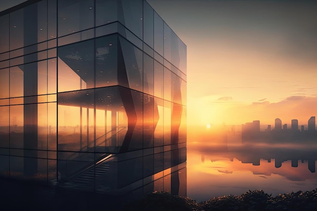 Glass building with view of the city skyline and a misty sunrise in the background