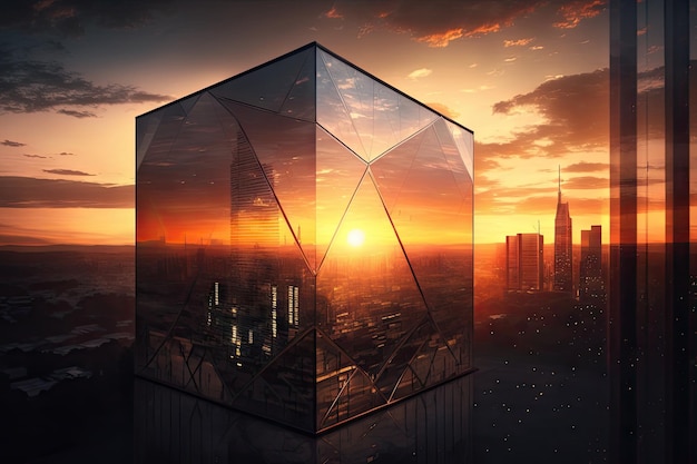 Glass building with view of the cityscape at sunset