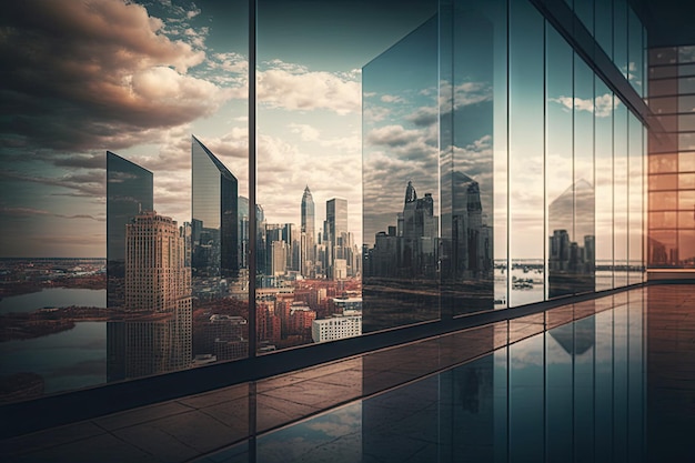 Glass building with view of everchanging city skyline