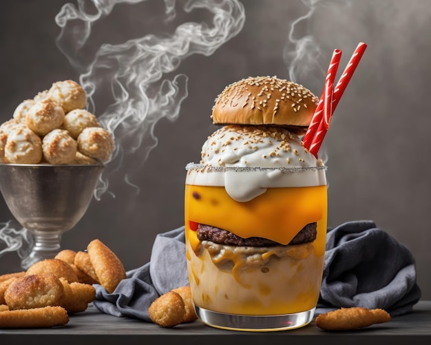 A glass of burger milkshake with a straw and a glass of milk.