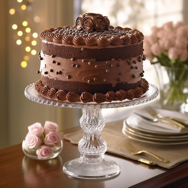 A glass cake stand with a chocolate cake on top of it.