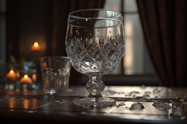 A glass and a candle are on a table.