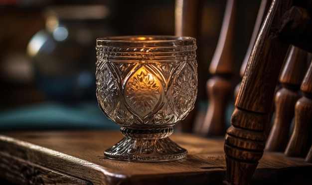 A glass candle holder sits on a table with a chair in the background.