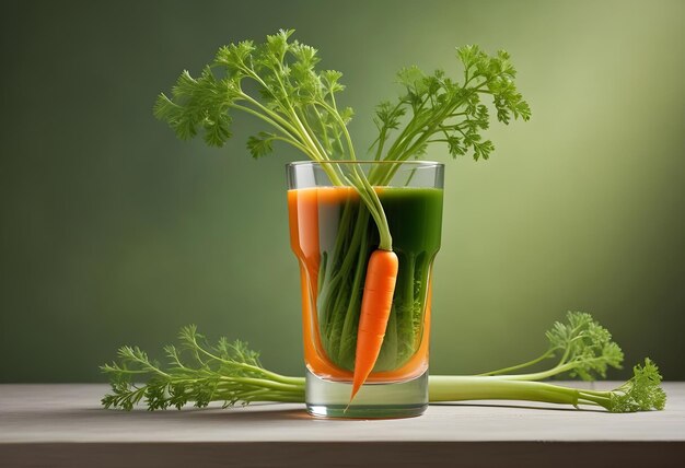 Photo a glass of carrot juice and fresh carrots with tops nearby