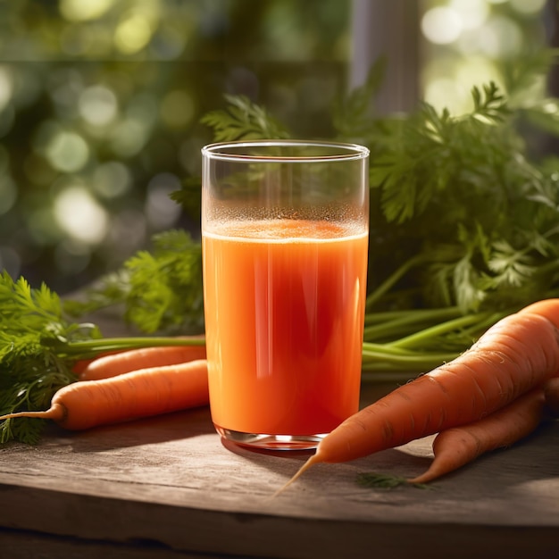 A glass of carrot juice next to two carrots on a table.