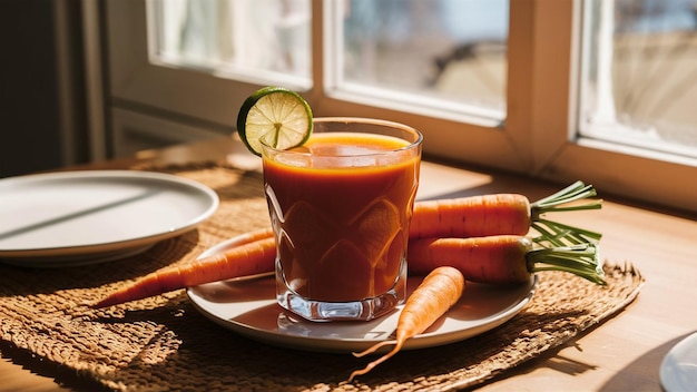 Photo a glass of carrots and a plate of carrots on a table