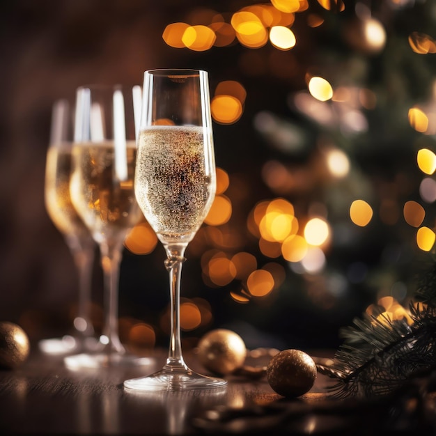 Glass of champagne on the bokeh Christmas background Generative AI