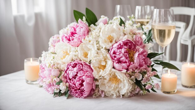 Glass of champagne bouquet of flowers background