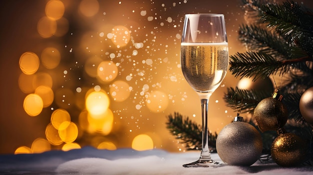 Glass of champagne Christmas night New Year eve AI generated image