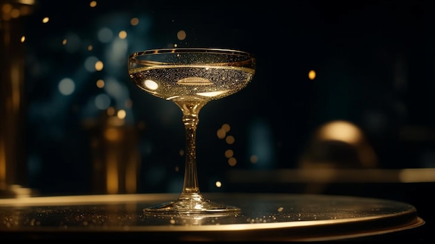 A glass of champagne sits on a table with a dark background and the word champagne on it.