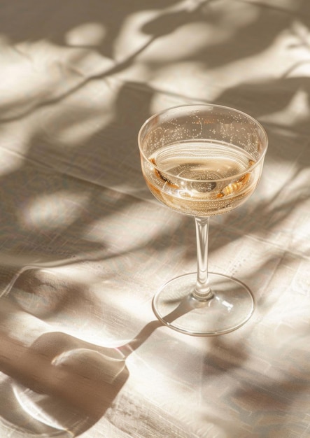 a glass of champagne standing on a table