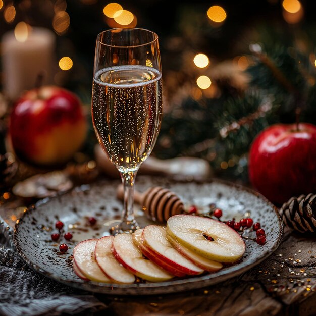 Photo glass of champagne with apple slices and festive lights