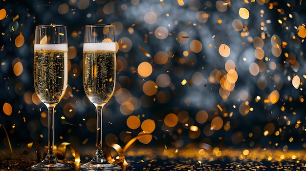 a glass of champagne with a background of sparkles