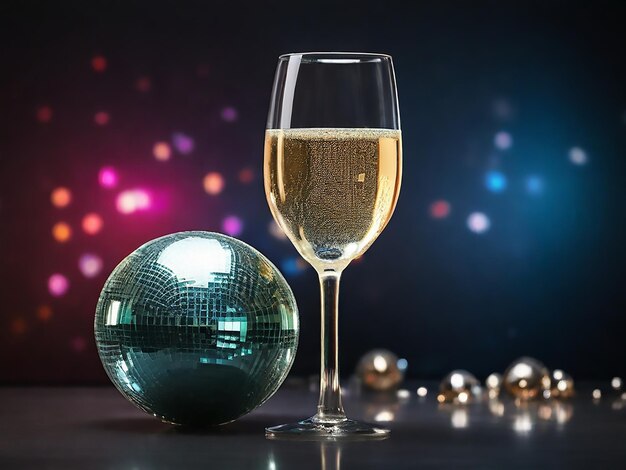 Glass of champagne with disco ball