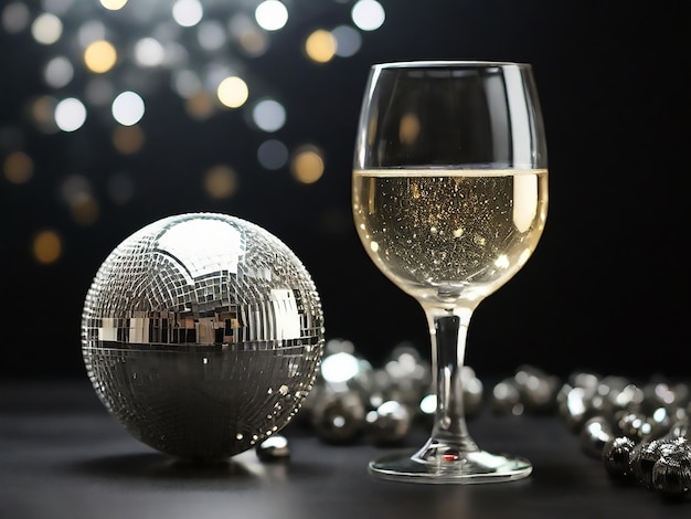 Glass of champagne with silver disco ball