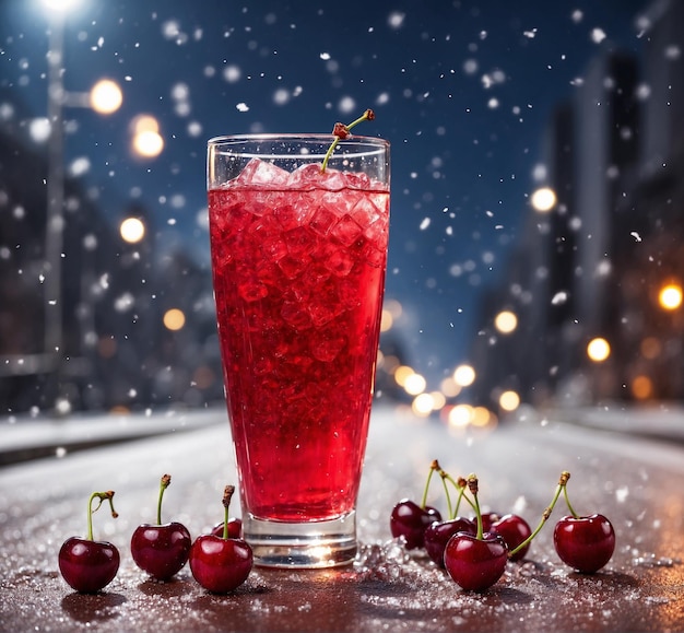 Glass of cherry juice with ice on the background of the city