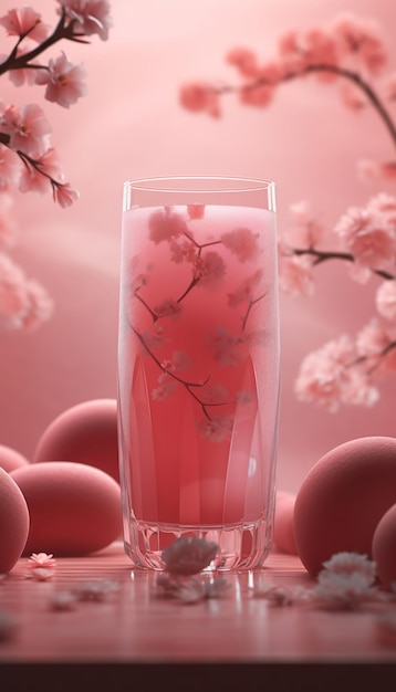 A glass of cherry juice with pink flowers in the background