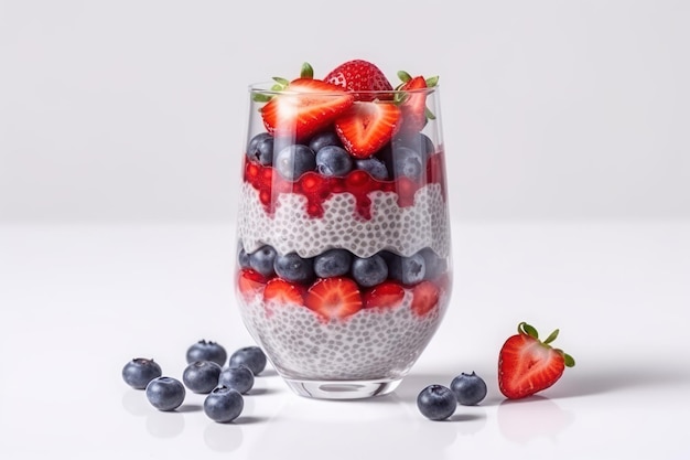 A glass of chia pudding with berries on the top.