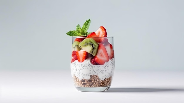 A glass of chia pudding with strawberries and kiwi on top.