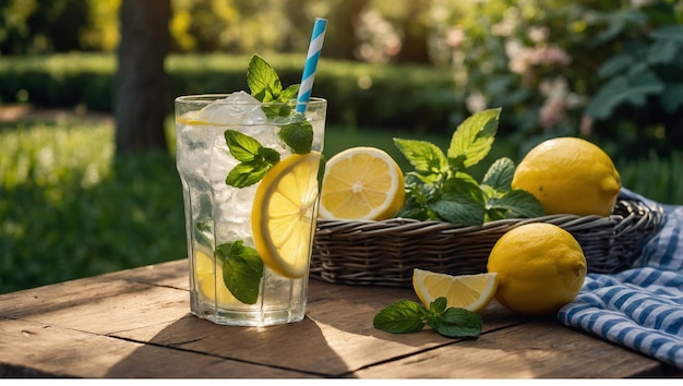 Photo glass of chilled lemonade with ice and mint leaves on a picnic table in a sunny garden