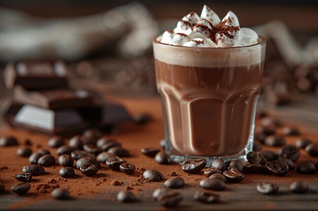 a glass of chocolate drink with whipped cream and coffee beans