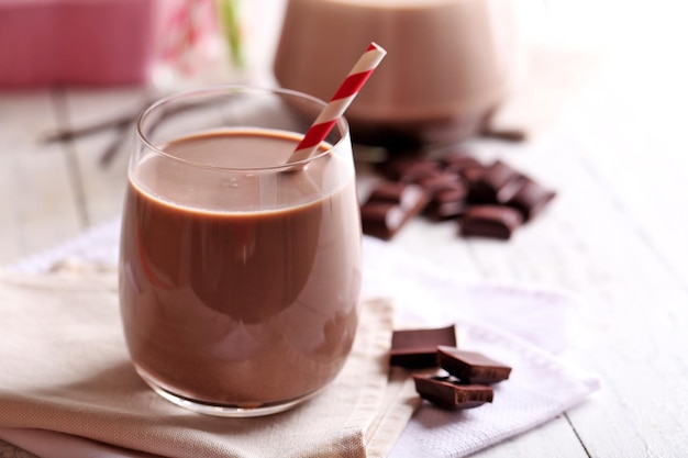 Glass of chocolate milk on table closeup