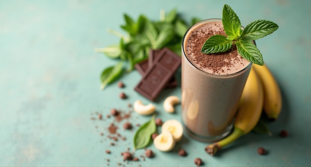 a glass of chocolate milk with a chocolate bar on it