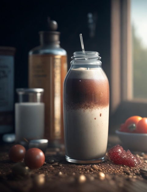 A glass of chocolate milk with a straw in it and a bottle of chocolate milk.