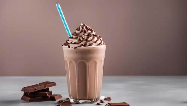 a glass of chocolate milkshake with chocolate chips on the top