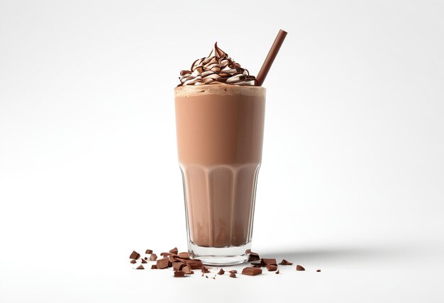 a glass of chocolate milkshake with chocolate sauce and chocolate chips