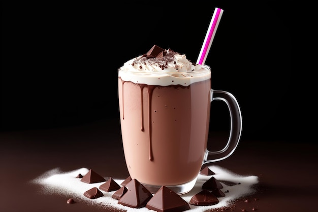 A glass of chocolate milkshake with a pink straw and a blue straw.