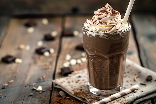 Photo a glass of chocolate milkshake with a straw in it